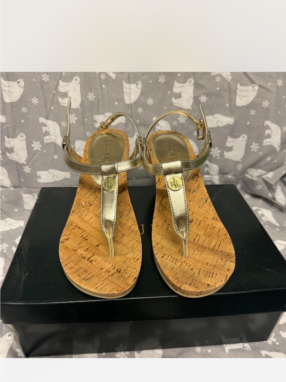 Lauren RALPH LAUREN Gold Cork Thong Sandals - Women Size 8.5